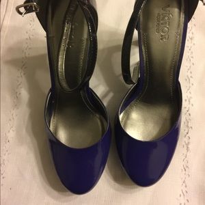 Purple and black heels with an ankle strap